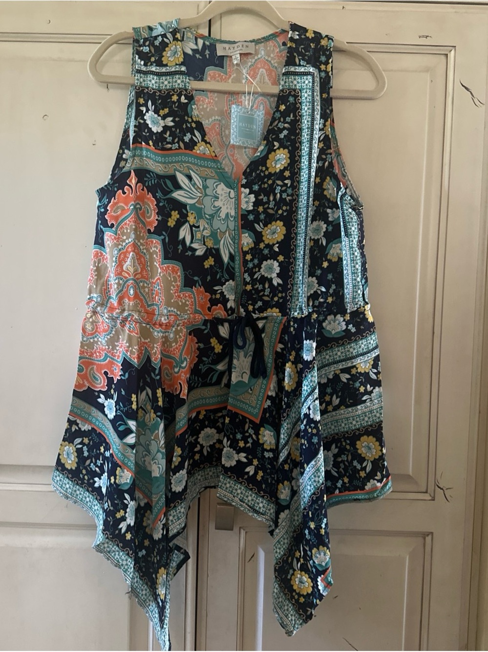 Hayden Navy Floral Patchwork Sleeveless V-Neck Top with Coral Accents